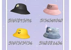 several hats are shown with numbers and symbols