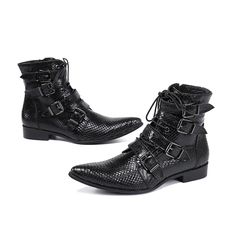 Looking to enhance your footwear collection with a unique addition? Consider these handmade men's ankle boots. Crafted from high-quality genuine leather, they offer unmatched comfort. Designed with an impressive pointed-toe shape, these ankle boots are both stylish and comfortable. The addition of buckle decor and a convenient zipper closure adds to their unique appeal. These ankle boots are truly special.Specifications is_handmade: Yes Upper Material: Split Leather Toe Shape: Pointed Toe Toe: Pointed Toe Style: British Style Shaft-Genuine Leather Type: Cow Leather Shaft Material: Genuine Leather Season: Spring/Autumn Pattern Type: Solid Outsole Material: Rubber Origin: Mainland China Name 5: men boots Leather Name 4: Party ankle boots men Name 3: Motorcycle boots Men Name 2: Western Boots Winter Combat Boots With Leather Sole And Snip Toe, Punk Style Leather Lace-up Mid-calf Boots, Punk Style Leather Mid-calf Lace-up Boots, Punk Leather Ankle Boots, Punk Style Leather Ankle Martin Boots, Punk Leather Ankle Martin Boots, Leather High-top Punk Martin Boots, Punk Leather Martin Ankle Boots, Punk High Ankle Leather Boots