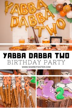 a birthday party with balloons, cookies and decorations