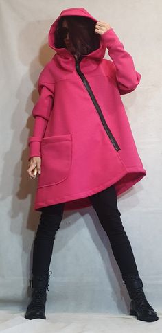 "Pink Coat, Hooded Coat, Asymmetric Coat ❤️ Extravagant designs and high quality fabrics! ❤️ Materials & Care Cotton, Polyester Hand wash at low temperatures. Do not machine dry. Do not iron. Do not dry clean! ❤️ Sizing We can make your piece from XS to 5XL! Everything in the shop can be also made according to your measures free of charge! ❤️ Shipping ✈ Ready to ship The time I need to prepare an order for shipping varies. For details, see individual items. Priority shipping is used for all Oversized Winter Tops With Side Pockets, Pink Long Sleeve Top With Kangaroo Pocket, Pink Long Sleeve Outerwear With Kangaroo Pocket, Asymmetrical Coat, Cotton Tunic Dress, Oversize Sweatshirt, Women Sweatshirt, Pink Coat, Oversized Coat