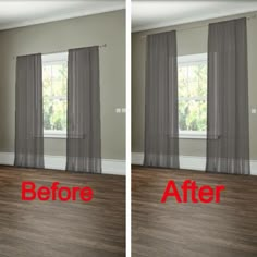 the before and after image shows how to hang curtains in an empty room with wood flooring