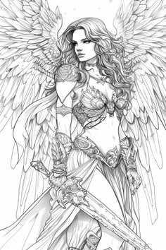 Unleash your inner warrior with our Angel Warrior Coloring Page, available as a free printable. This captivating illustration features a celestial warrior ready for battle, with intricate armor and majestic wings. Perfect for fans of fantasy and adventure, this coloring page offers a creative escape into a world of magic and bravery. Download now and let your imagination soar as you bring this angelic warrior to life with your colors! #AngelWarrior #ColoringPage #FreePrintable #FantasyArt #CreativeFun #AdultColoring Female Warrior Drawing, Female Angel Warrior, Warrior Coloring Pages, Drawing Of Angel, Celestial Warrior, Angelic Warrior, Intricate Armor, Angel Warrior Tattoo, Warrior Angel