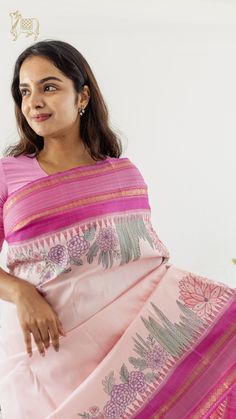 This pink Kanchipuram saree has delicate hand-painted flowers bloom across the body. The rani pink border and pallu is shimmer with retta zarigapettu designs. Pink Kanchipuram Saree, Pattu Sarees Wedding, Draped Sarees, Mangalagiri Sarees, Hand Painted Saree, Saree Borders, Painted Saree, Saree Painting Designs