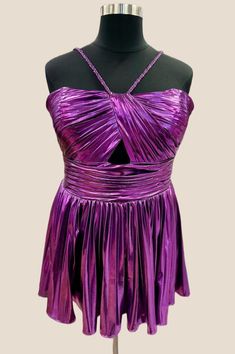 Purple Metallic Pleated Short Dress 2024 Purple Homecoming Mini Dress With Fitted Bodice, Homecoming Purple Mini Dress With Fitted Bodice, Purple Mini Dress With Fitted Bodice For Homecoming, Pleated Short Dress, Short Princess Dress, Purple Metallic, Peacock Color, Convertible Dress, A Line Shorts