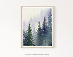 watercolor painting of pine trees in the fog