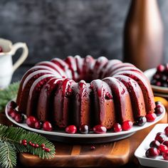 a bundt cake with cranberry sauce and berries on the top is sitting on a platter