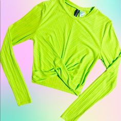 Neon Lime Knotted Front Crop Top. Scoop Neckline & Long Sleeved With A Lot Of Stretch. Worn 2x Only. Material Easily Pulls So Take Care. Measurements Available Upon Request Trendy Lime Green Spring Tops, Neon Trendy Tops For Spring, Fitted Lime Green Casual Top, Casual Fitted Lime Green Top, Neon Stretch Top For Summer, Neon Stretch Summer Tops, Fitted Neon Tops For Summer, Fitted Neon Yellow Top For Summer, Casual Neon Tops For Spring