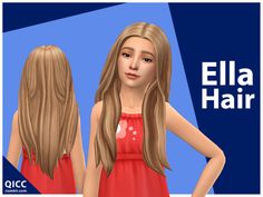 a girl with long blonde hair standing in front of a blue and white background that says ella hair