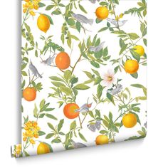 an orange tree wallpaper with birds and flowers on it in yellow, green, white