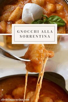 a spoon full of pasta and sauce with the words gnocchi alla sorrentina above it