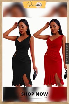 V-neck Sleeveless Ruched Fishtail Evening Dress Formal Midi Dress, Midi Dress Formal, Elegant Red, V Neck Dress, Women's Fashion Dresses, Evening Dress, Summer Women, Latest Fashion Trends, Dress Length