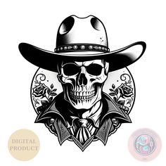 a skull wearing a cowboy hat with roses on it's chest and the words digital product