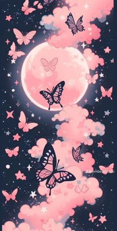 the sky is full of butterflies flying in front of a pink moon and some clouds