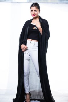 chiffon black robe Elegant Long Chiffon Abaya, Chiffon Long Sleeve Kaftan For Evening, Long Sleeve Chiffon Kaftan For Evening, Elegant Evening Chiffon Abaya, Elegant Evening Abaya With Cape Sleeves, Elegant Abaya With Cape Sleeves For Evening, Long Chiffon Kaftan For Evening, Elegant Chiffon Kaftan, Elegant Black Cape Abaya