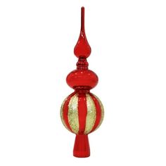 a red and gold striped glass ornament on a white background with room for text