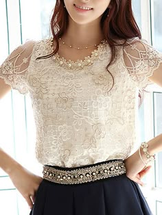 Color: White Size: S,M,L,XL,2XL,3XL,4XL Collar__neckline: Round Neck Embellishment: Decorative Lace Material: Lace Occasion: Basic Date Pattern_type: Lace Season: Spring Summer Style: Elegant Package_included: Top*1 SIZE CHART IN Size shoulder length bust S 14 24 32 M 15 24 34 L 15 25 35 XL 15 26 37 2XL 16 27 39 3XL 16 28 40 4XL 17 28 41 Elegant Beige Crew Neck Blouse, Short Sleeve Blouses, Summer Lace, Plain Blouse, Lace Short, Embroidery Blouse, Women Blouses, Blouse Online, Blouse Styles