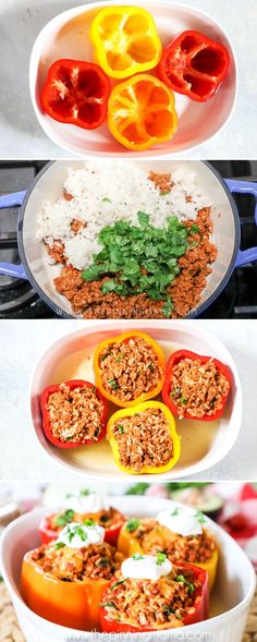 three different plates filled with food on top of each other and one has peppers in it