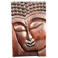 a wooden carving of a buddha face with beads on it's head and eyes closed