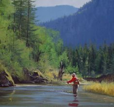 a painting of a man wading in a river