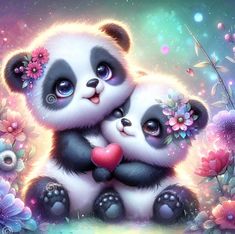 two panda bears sitting next to each other with flowers on their chests and hearts in their paws