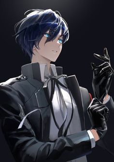 an anime character with blue hair and black gloves holding something in his hand while standing against a dark background