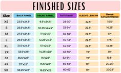 the size chart for finished sizes in different colors and sizes, with numbers on each side