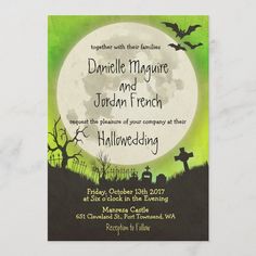 a halloween themed wedding card with the moon in the background