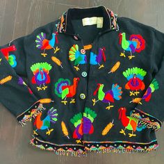 Undeniably The Most Spectacular Tribute To Turkeys In The Form Of A Sweater! Has Major Southwestern Vibes With The Sweetest Turkey Print! Tons Of Detailing Even Down To The Beaded Buttons And Fringe! Will Be The Talk Of The Town (Or At Least The Dinner Table) Next Thanksgiving! All Beads Intact, No Flaws! I Have Never Seen Another So Get This Rare Beauty Before It’s Too Late! Traditional Multicolor Tops For Fall, Traditional Multicolor Cardigan For Fall, Traditional Multicolor Fall Cardigan, Traditional Black Top For Fall, Beaded Buttons, Turkey Print, Talk Of The Town, Rare Beauty, The Dinner