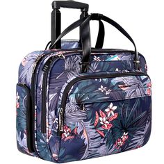 a blue floral suitcase with wheels and handles