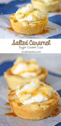 caramel cheesecake cups with whipped cream on top