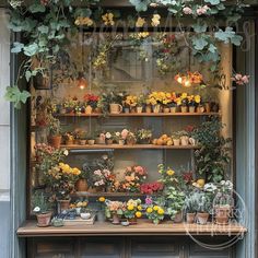 an assortment of potted plants on display in a window