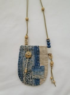 Medicine Bag Necklace, Pochette Portable, Boho Jewellery Necklaces, Medicine Bags, Natural Indigo Dye, Textile Bag, Medicine Bag, Fiber Jewelry, Fabric Necklace