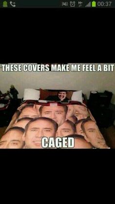 a bed with many faces on it and the caption says, these covers make me feel a bit caged