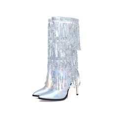 SPECIFICATIONS Compose a commanding look with these Patent Leather Rhinestone Fringed Catwalk Boots. With a pointed toe and sleek stiletto heel, these knee-high boots bring stunning artistry to your wardrobe. The glimmering rhinestones and cascading fringes add an exquisite finesse that will make your stride the star of the show. is_handmade: Yes With Platforms: No Upper Material: Patent Leather Toe Shape: Pointed Toe Style: Punk Shaft Material: Patent Leather Season: Spring/Autumn Pattern Type: Trendy Fitted Mid-calf Boots For Party, Glamorous High Ankle Boots For Party, Fall Sequined Heels With Pointed Toe, Evening Boots With Rhinestones For Spring, Fall Sequined Pointed Toe Boots, Fall Sequin Boots With Pointed Toe, Rhinestone Boots For Evening And Spring, Rhinestone Evening Boots For Spring, Sequined Pointed Toe Boots For Fall