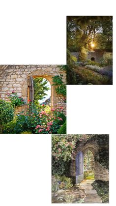 three different pictures of the same building with flowers and trees in it, one has an open door