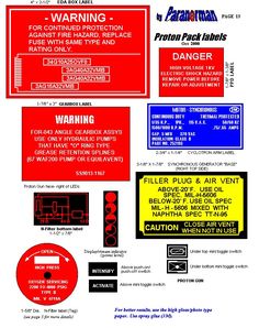 various warning signs and stickers are shown in this graphic style, including an image of the