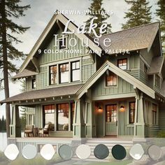 a house with paint swatches and the words lake house painted in different colors on it