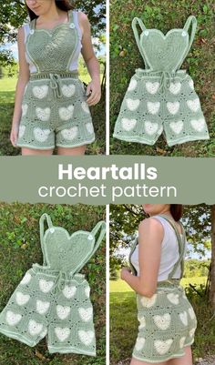 crochet heart romper and shorts pattern is shown in three different views, including the