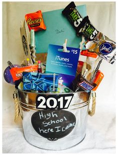 a bucket filled with lots of candy and candies