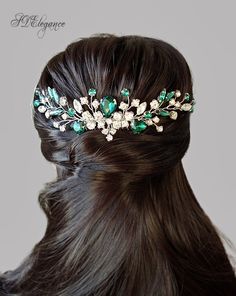 Green Wedding Hair, Emerald Hair, Hair Ornaments Wedding, Dark Green Hair, Blue Wedding Hair, Silver Hair Comb, Hair Brooch, Diamond Hair, Crystal Hair Vine