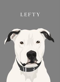 a white dog with a black collar on it's head and the words lefty written