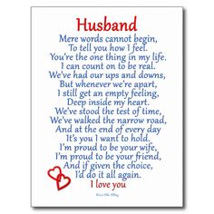 a poem written in red and blue with the words husband