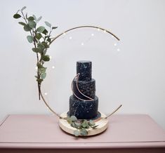 a three tiered black cake sitting on top of a wooden table next to a plant