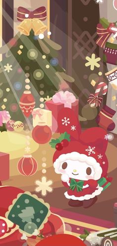 an animated christmas scene with santa claus and other holiday items on the floor, including presents