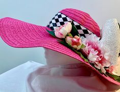 Hot pink wide brim straw summer hat all decked out in Kentucky Derby colors!  I used a black and white jockey ribbon adorned with big white bows and lots of pretty pink peonies!  Fun hat screams Derby, goes with many outfits!  ( mans boutinere available too) Pink Summer Sun Hat For Kentucky Derby, Pink Straw Hat For Kentucky Derby And Beach, Pink Straw Hat For Kentucky Derby Beach Outing, Pink Straw Hat For Beach And Kentucky Derby, Pink Boater Hat For Spring Beach Outing, Pink Boater Hat For Spring Vacation, Pink Summer Hats For Kentucky Derby, Pink Summer Hat For Kentucky Derby, Pink Brimmed Summer Boater Hat