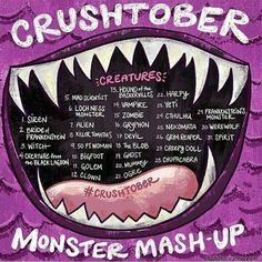 the poster for crushtober monsters mashup is shown in purple and black