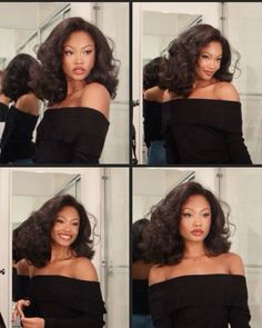 80s Black Woman Hair, Black Woman Straight Hairstyles, Old Hollywood Curls Black Women, Feminine Hairstyles Black Women, Blowout Hairstyles For Black Women, Soft Dramatic Hairstyles, 90s Blowout Hair Black Women, Feminine Aesthetic Black Women, Monochromatic Hair