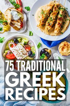 the cover of 75 traditional greek recipes, including chicken skewers and pita breads