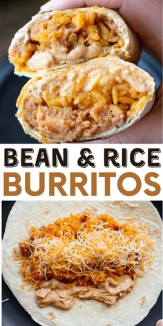 bean and rice burritos with shredded cheese on top, and the words bean and rice burritos above it