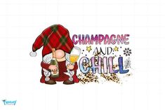 a cartoon character holding a wine glass with the words champagne and chilli on it